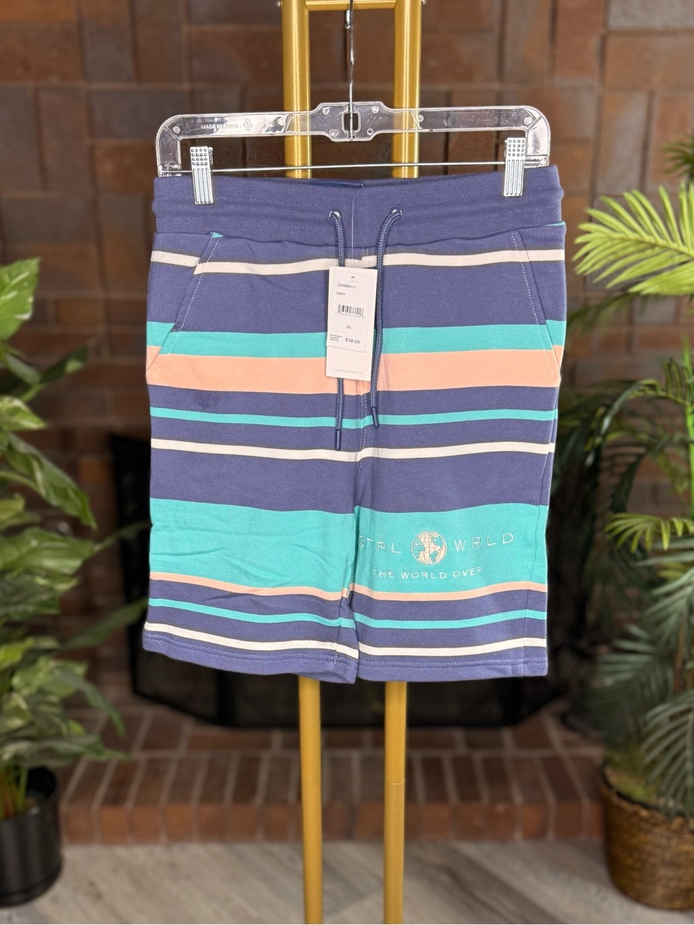 Staple STPL WRLD Men’s Striped Shorts Navy Multicolor NWT Size XS
